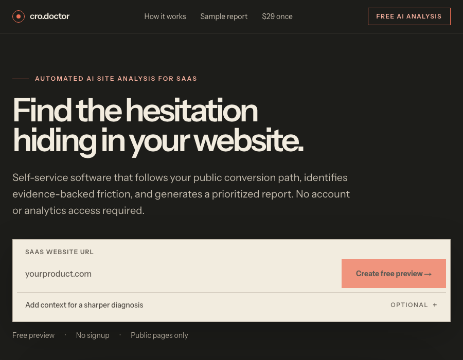 Captured cro.doctor homepage used as evidence in the self-audit sample